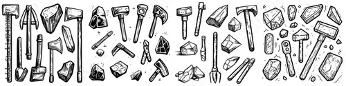 Tools and minerals arranged in a creative pattern showcasing the importance of craftsmanship in geology and mining