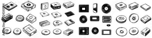 Collection of vintage music devices showcasing various audio formats from different eras in one striking arrangement