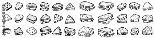 Collection of hand-drawn sandwiches and snacks illustrated in black and white on a simple background