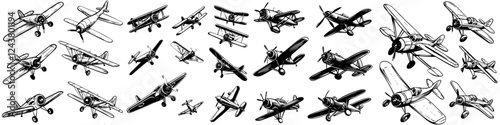 Variety of vintage aircraft illustrations showcasing different designs and styles in a creative formation
