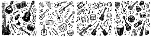 Diverse musical instruments illustrated in a playful and rhythmic design featuring drums, guitars, and more in a creative layout