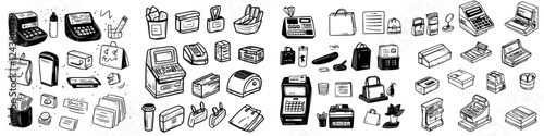 Collection of various office supplies and payment devices in a monochrome style featuring essentials for modern workspaces