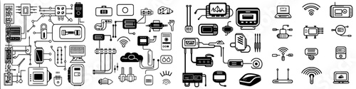 Collection of black and white icons representing various technology and communication devices in a modern digital environment