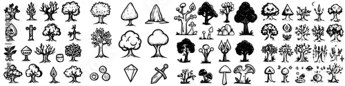 Collection of hand-drawn tree and plant illustrations suitable for various design projects and nature themes