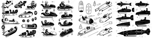 Various designs of winter sports sleds and bobsleds in a creative black and white illustration
