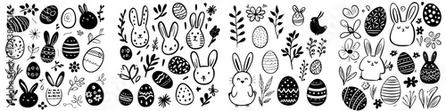 Creative black and white vintage pattern featuring rabbits, eggs, and flowers for spring celebrations and decorations