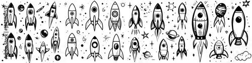 Rocket illustrations in a cosmic scene featuring various designs and styles with stars and planets