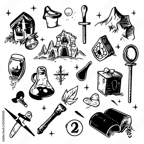 Collection of vintage symbols and objects depicting adventure and exploration themes with varied artistic styles