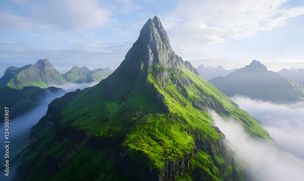 Fototapeta premium Majestic Mountain Peak Surrounded by Lush Greenery and Fog