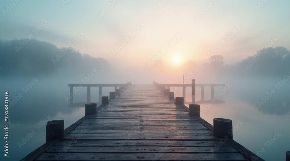 Misty Sunrise Over a Tranquil Lake With Wooden Docks in Early Morning Light Misty Sunrise Over a Tranquil Lake With Wooden Docks in Early Morning Light