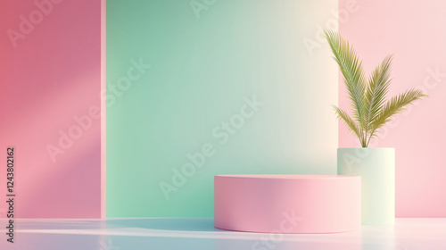 Modern minimalist interior featuring pastel colors with a plant and geometric shapes