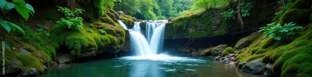 Obraz premium Waterfall cascading over mossy rocks in lush green forest atmosphere, waterfeature, forest