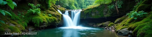 Waterfall cascading over mossy rocks in lush green forest atmosphere, waterfeature, forest