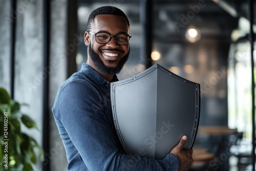 Smiling employee in combative body pose with extended arm, holding a plain cybersecurity shield