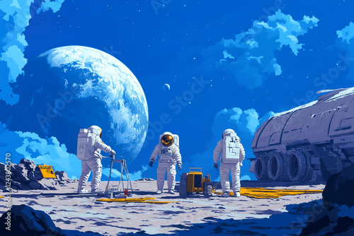 Astronauts conduct research on the moon's surface while Earth looms large in the background