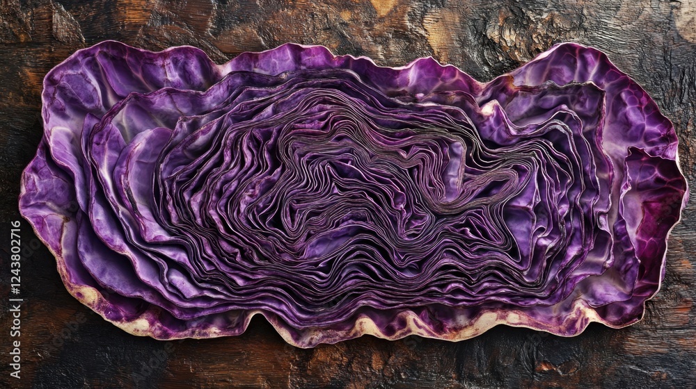 Obraz premium Purple cabbage sliced in half, revealing intricate layered patterns, placed on a dark rustic wooden background, moody lighting, macro shot