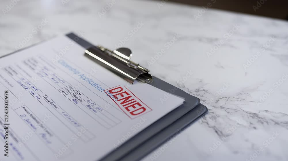 Citizenship application form is rejected, a hand places a denied stamp on paper