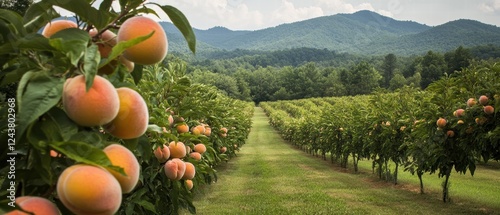 Lush Peach Orchard with Juicy Fruit Under Blue Sky and Rolling Mountains in Background