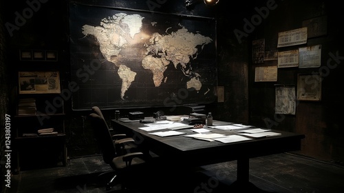  dark-themed intelligence briefing room with classified documents, a global threat map, and encrypted communications, 16:9 photo