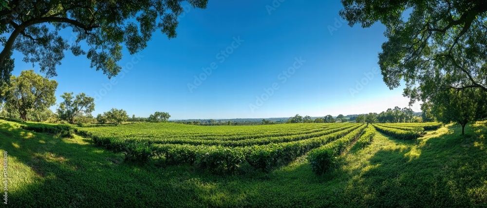 Obraz premium Scenic Panorama of Lush Green Vineyards Under Clear Blue Sky with Surrounding Trees and Vast Landscape