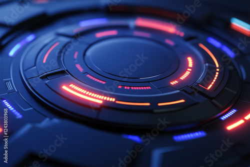 Futuristic technology design featuring vibrant lights on a dark surface with intricate patterns and glowing details