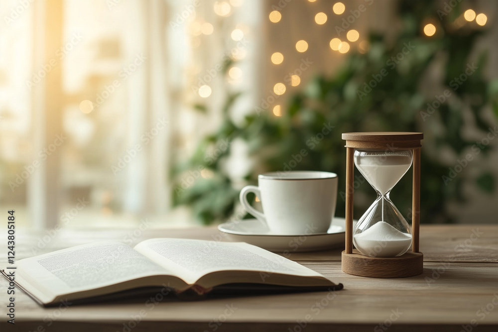 Cozy reading nook with an hourglass, a book, and a cup of coffee in a warm atmosphere Cozy reading nook with an hourglass, a book, and a cup of coffee in a warm atmosphere