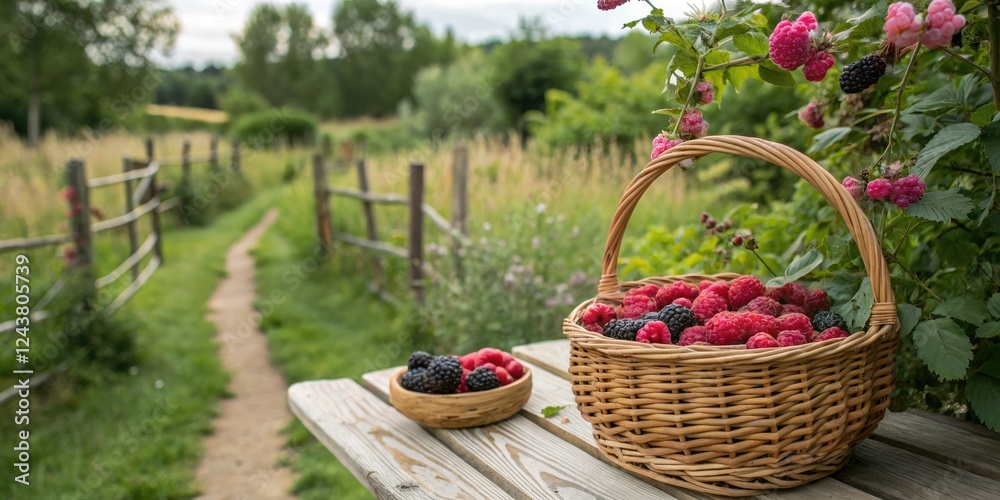 Wicker basket filled with ripe raspberries and blackberries in a rustic garden setting, rustic charm, countryside decor, nature's beauty Wicker basket filled with ripe raspberries and blackberries in a rustic garden setting, rustic charm, countryside decor, nature's beauty