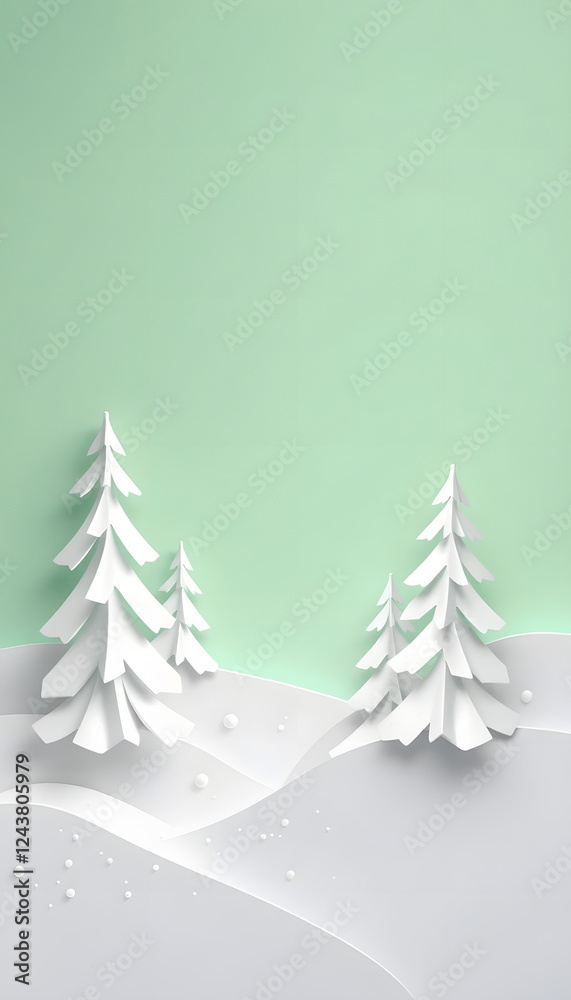 Obraz premium Winter abstract background design creative concept, snow icon, pine, spruce, fir tree art paper cut origami with green mint background. Copy space text area. 3D rendering illustration, masterpiece.