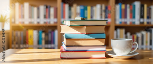 Colorful stack of books with coffee on wooden table, World Book Day