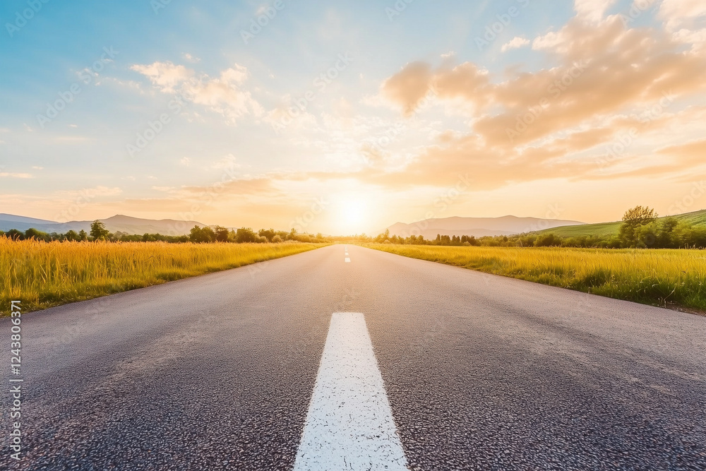 Naklejka premium Open road leading to a golden sunset over mountains and fields in a serene landscape