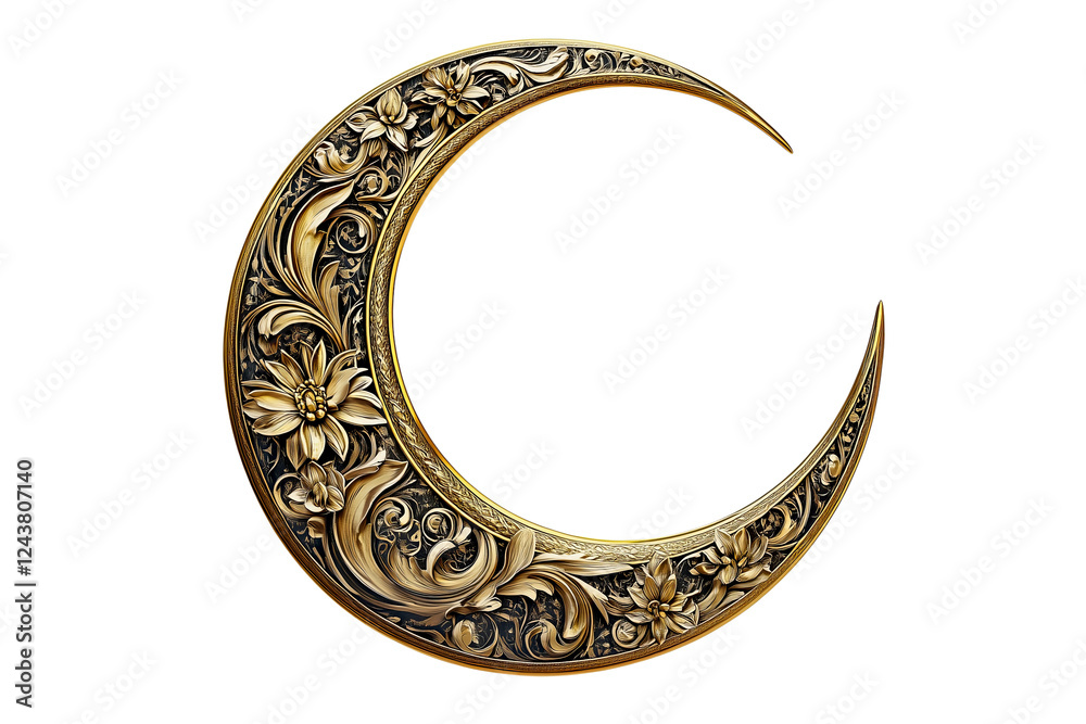 A golden Ramadan crescent moon ornament with floral engravings, isolated on a transparent background. A golden Ramadan crescent moon ornament with floral engravings, isolated on a transparent background.