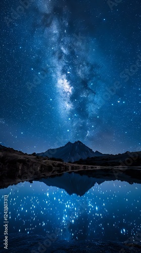 Stunning night landscape with Milky Way galaxy reflecting in mountain lake. Perfect symmetrical mirror effect creates magical atmosphere for astronomy and nature photography backgrounds.