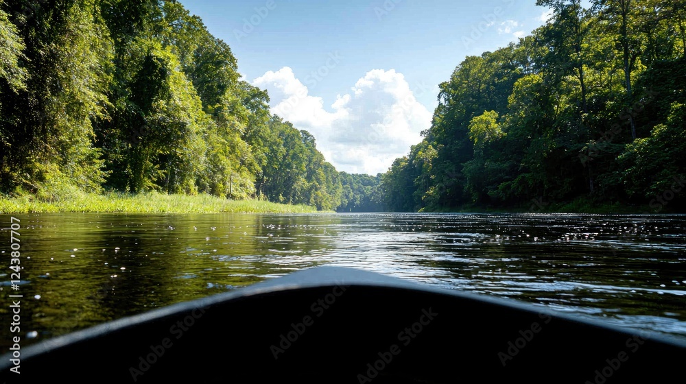 Naklejka premium River boating, lush green forest, sunny day, calm water, travel escape
