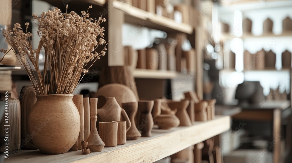 Fototapeta premium Rustic artisan pottery displayed on wooden shelves