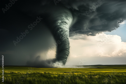 Strong tornado forms over green fields under dark stormy clouds during late afternoon