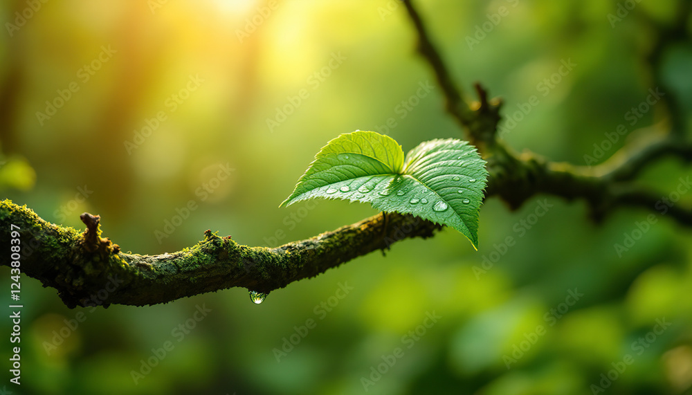 Dew-kissed Leaf on Branch Sunrise Nature Photography Dew-kissed Leaf on Branch Sunrise Nature Photography