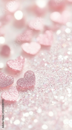 Valentines day pink sparkling hearts on blurred glitter background