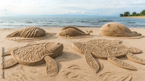 Detailed Sand Sculptures of Sea Creatures on a Beach Setting