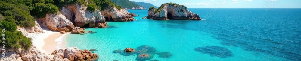Rocky outcrops overlooking picturesque turquoise lagoon, lagoon, shoreline, water Rocky outcrops overlooking picturesque turquoise lagoon, lagoon, shoreline, water