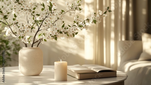 Blooming branches, candle, book, sunlit room, calm scene