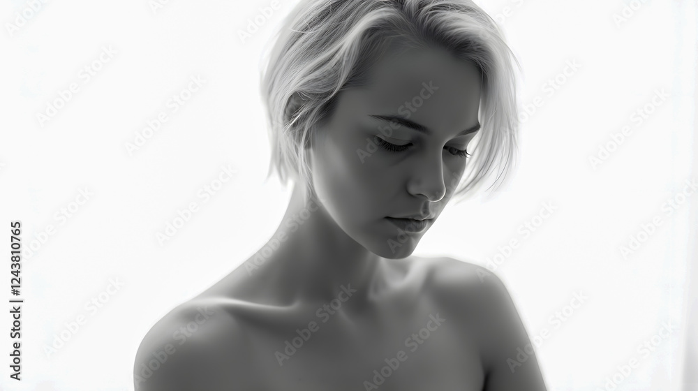 Thoughtful Female Portrait in Soft Light, Minimalist Aesthetic in Black and White, Capturing Emotion and Beauty in Simplicity Thoughtful Female Portrait in Soft Light, Minimalist Aesthetic in Black and White, Capturing Emotion and Beauty in Simplicity