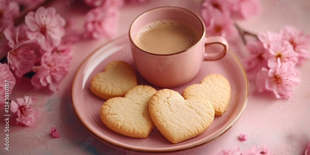A romantic breakfast setup featuring heart-shaped cookies, pink flowers, and a cup of coffee. Ideal for Valentine's Day, romance, and love-themed content. A romantic breakfast setup featuring heart-shaped cookies, pink flowers, and a cup of coffee. Ideal for Valentine's Day, romance, and love-themed content.