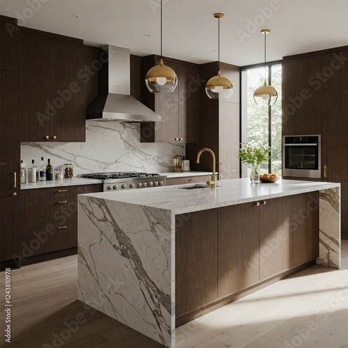 Interior of light kitchen with white counters, shelf unit and dining table