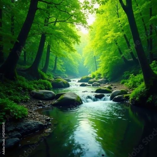 Wallpaper Mural Serene river flowing through the lush forest canopy, trees, peaceful Torontodigital.ca