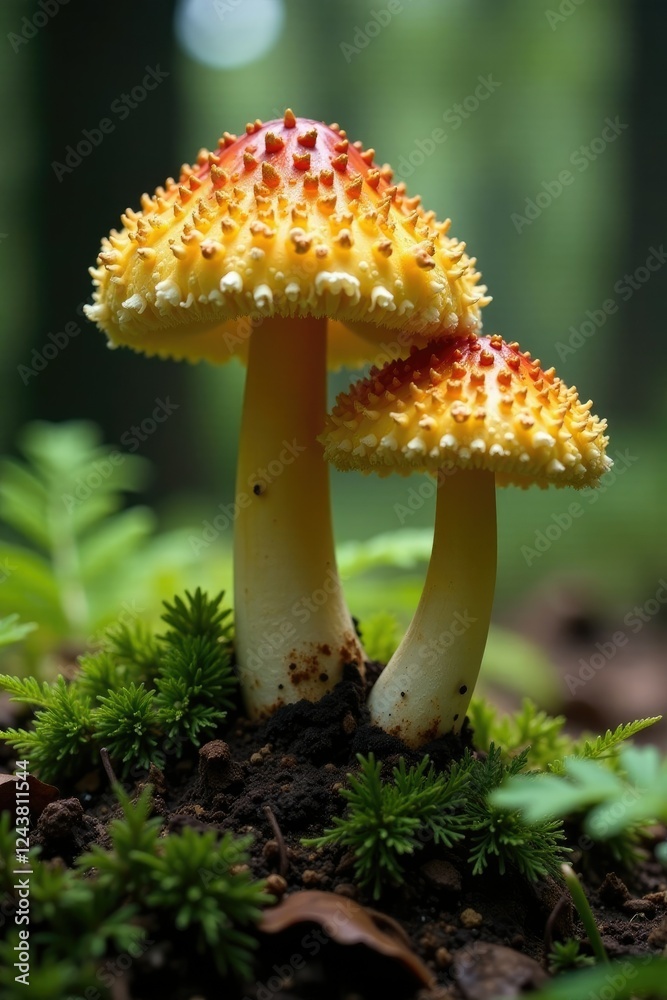 Fototapeta premium Shaggy Ink Cap fungi on a forest floor with ferns, County Durham, Hamsterley Forest