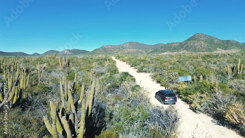Off-Road Vehicle Driving Through Sandy Terrain with Cacti and Mountain Views