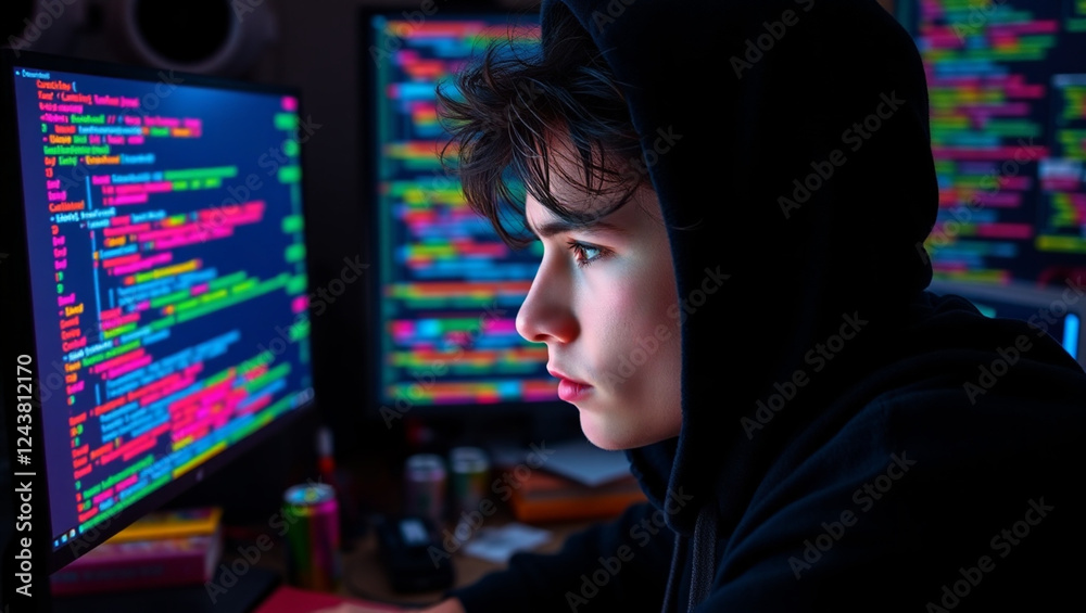 Young Hacker Coding Cyber Security at Night with Multiple Screens Young Hacker Coding Cyber Security at Night with Multiple Screens