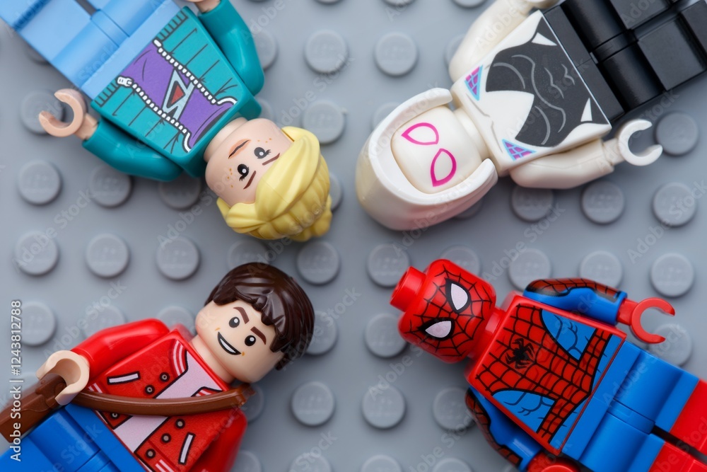 Naklejka premium Tambov, Russian Federation - February 03, 2025 Four Lego Marvel character minifigures - Peter Parker, Spider-Man, Gwen Stacy and Ghost-Spider, on a gray baseplate background.