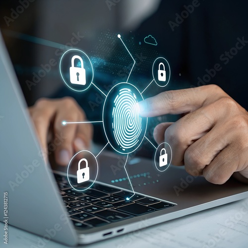 Hand scanning a fingerprint on a futuristic biometric authentication pad