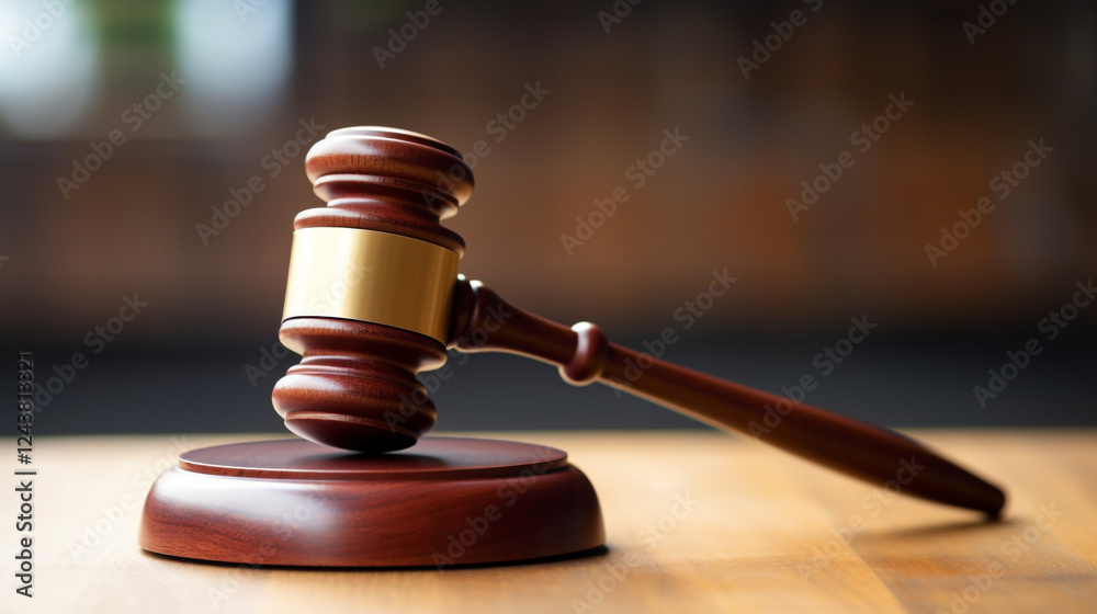 Wooden gavel on a wooden table in a courtroom setting representing the legal system judicial proceedings and the authority of the court Wooden gavel on a wooden table in a courtroom setting representing the legal system judicial proceedings and the authority of the court